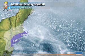 This map reflects additional snowfall from 8am Sunday through to 6am Monday for the northeast. This snowfall is in addition to anything that accumulated this morning or yesterday in this region. Image: Weatherboy