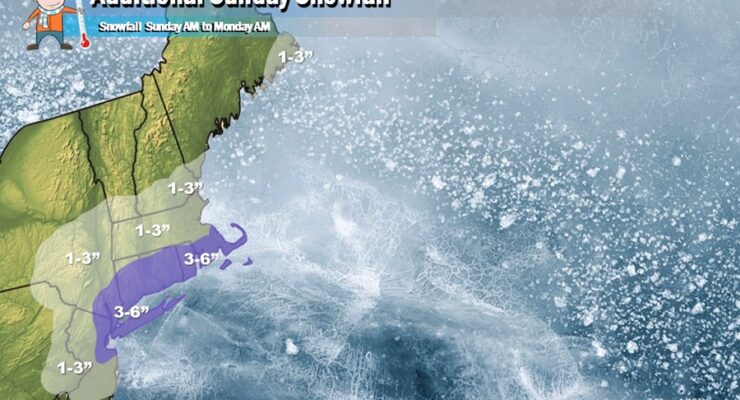 This map reflects additional snowfall from 8am Sunday through to 6am Monday for the northeast. This snowfall is in addition to anything that accumulated this morning or yesterday in this region. Image: Weatherboy