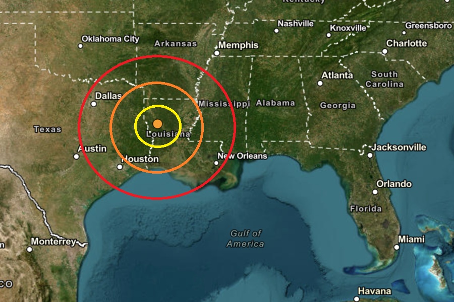 Today's earthquake struck at the orange dot inside the colored concentric circles on this map. Image: USGS