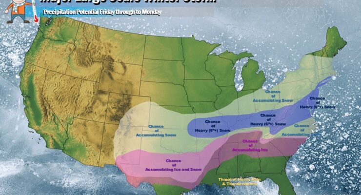 Heavy snow, accumulating ice, and even severe storms are all possible from a very large winter storm expected to impact a large area from Friday afternoon to Monday morning from west to east. Image: Weatherboy