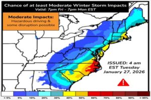 At least moderate impacts from a coastal storm are becoming more likely for portions of the east coast this weekend. Image: NWS WPC