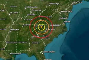 Today's earthquake struck at the orange dot inside the colored concentric circles on the map. Image: USGS