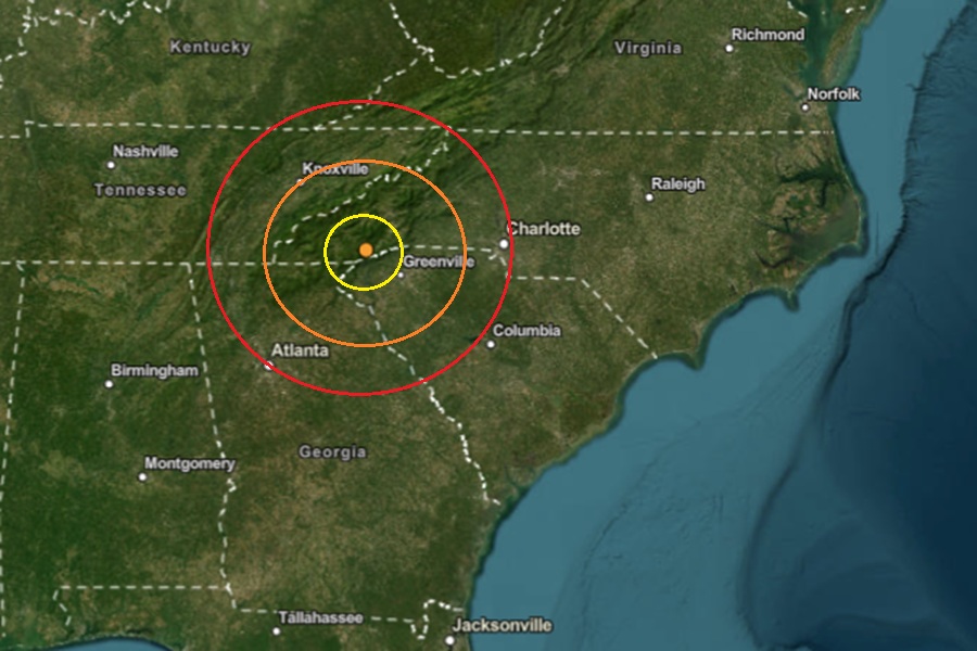 The earthquake epicenter is at the orange dot inside the colored concentric circles on this map. Image: USGS