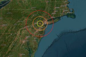 Today's earthquake struck at the orange dot inside the colored concentric circles on this map. Image: USGS