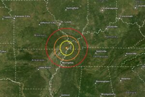 Today's earthquake struck at the orange dot inside the colored concentric circles on this map. Image: USGS