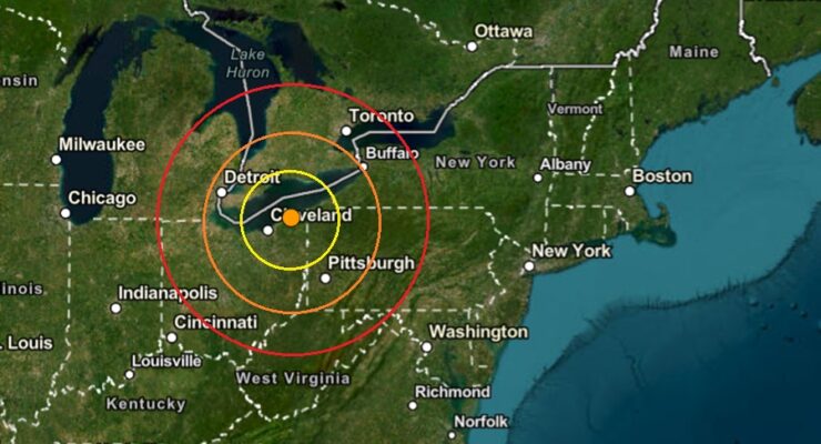 Today's earthquake was at the orange dot inside the concentric circles on this map. Image: USGS