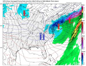 The last two rounds of the American GFS computer forecast model depicts a significant winter storm along the Mid Atlantic and Northeast coasts later this coming week. Image: tropicaltidbits.com