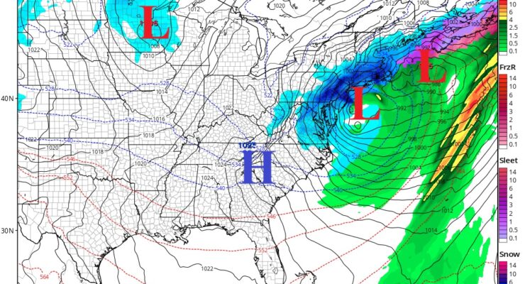The last two rounds of the American GFS computer forecast model depicts a significant winter storm along the Mid Atlantic and Northeast coasts later this coming week. Image: tropicaltidbits.com