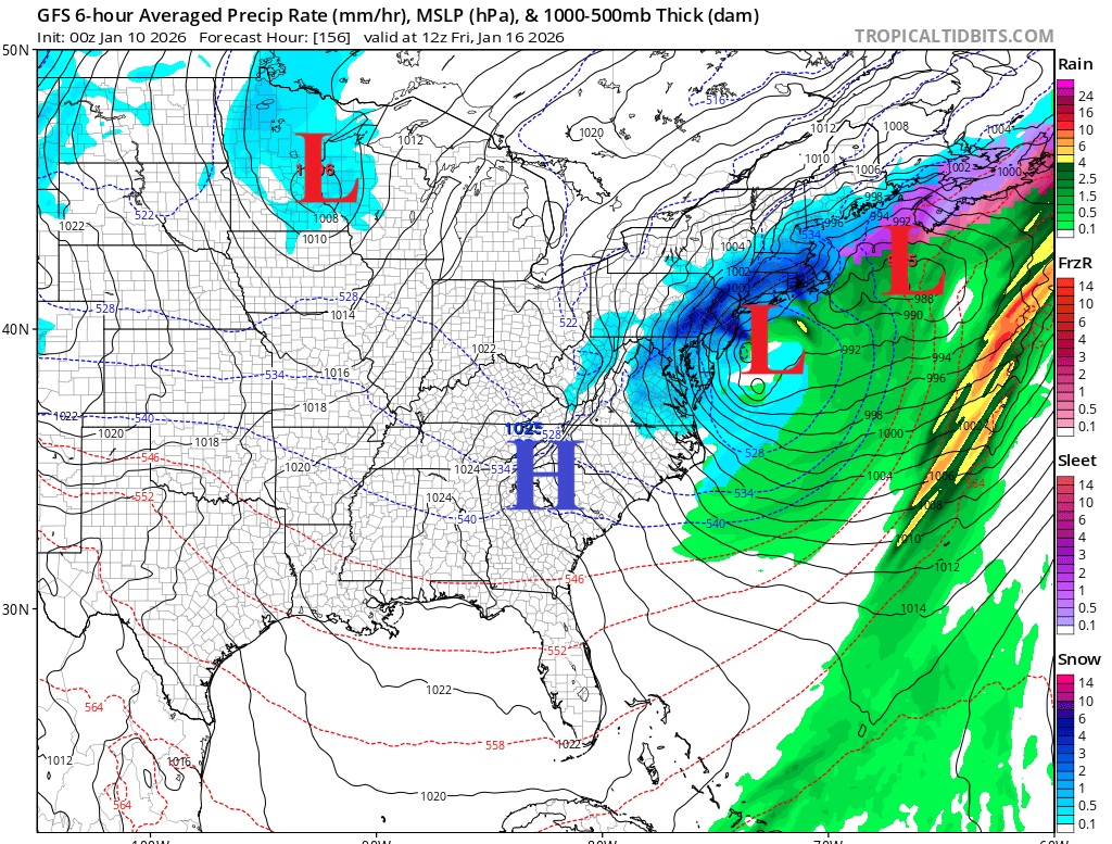 The last two rounds of the American GFS computer forecast model depicts a significant winter storm along the Mid Atlantic and Northeast coasts later this coming week. Image: tropicaltidbits.com