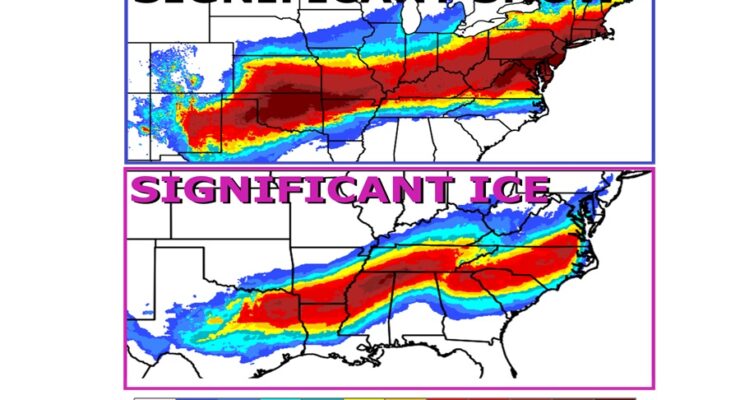 The red areas are zones in which heavy snow or ice is expected as a major winter storm develops and moves into the eastern U.S.. Image: NOAA WPC