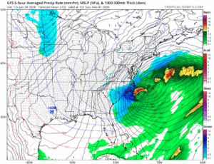 The American GFS model depicts where the east coast winter storm will be Sunday morning. Image: tropicaltidbits.com