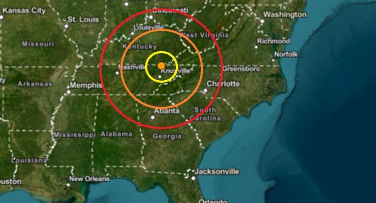 The earthquake struck at the orange dot inside the colored concentric circles on this map. Image: USGS