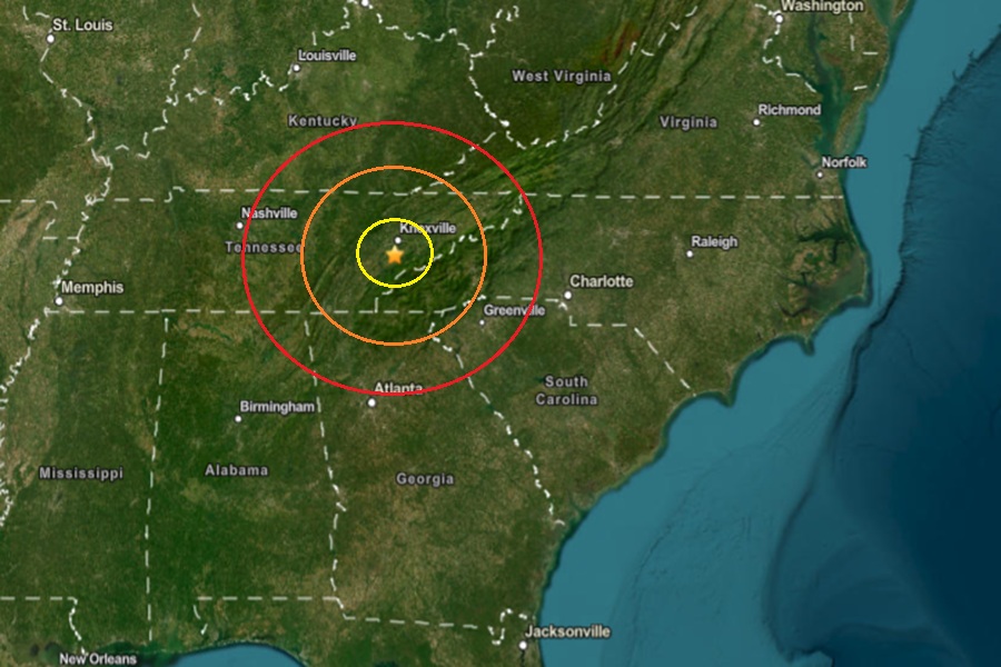 Today's earthquake struck at the orange dot inside the colored concentric circles on this map. Image: USGS