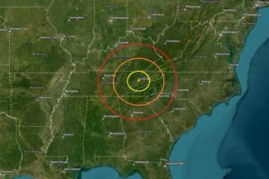 The earthquake epicenter was at the orange dot inside the colored concentric circles. Image: USGS