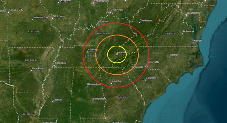 The earthquake epicenter was at the orange dot inside the colored concentric circles. Image: USGS