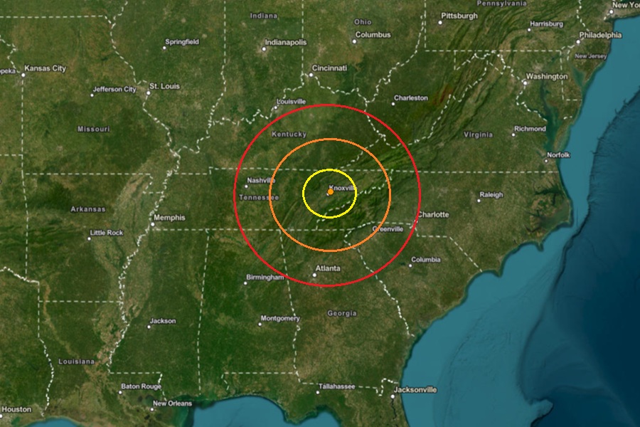 The earthquake epicenter was at the orange dot inside the colored concentric circles. Image: USGS
