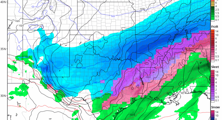 Forecast models, like this American GFS, are projecting a wintry mess across Texas with heavy snow, accumulating ice, and a wintry mix between the two. Frozen or freezing precipitation is expected deep into Texas including the major metro areas of Dallas, Houston, and Austin. Image: tropicaltidbits.com