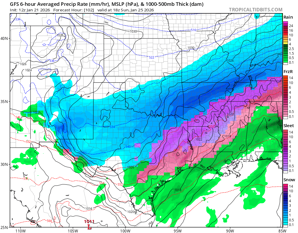 Forecast models, like this American GFS, are projecting a wintry mess across Texas with heavy snow, accumulating ice, and a wintry mix between the two. Frozen or freezing precipitation is expected deep into Texas including the major metro areas of Dallas, Houston, and Austin. Image: tropicaltidbits.com