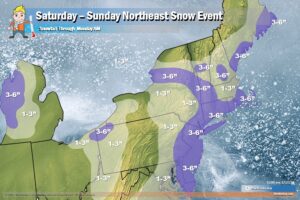 Snowfall totals for the northeast through to Monday morning from two separate snow events. Image: Weatherboy