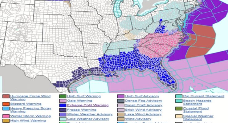 This weekend, like last weekend, will bring heavy snow to portions of the east coast and bitter cold from Texas to Florida all around the Gulf of America coast. Image: NWS