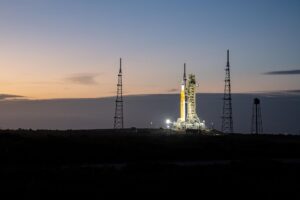 NASA’s Artemis II Space Launch System (SLS) rocket and Orion spacecraft are seen illuminated by lights at Launch Complex 39B, Saturday in January 2026 ahead of its upcoming crewed launch at the NASA Kennedy Space Center. Image: NASA / Keegan Barber
