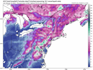 Some guidance, like this American GFS computer model output, suggests widespread 6"+ snows across the Mid Atlantic and Northeast with many areas seeing more than 12". Image: tropicaltidbits.com