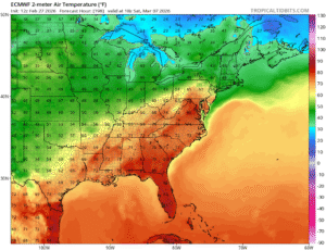 The ECMWF computer forecast model suggests a significant warm-up in the coming days, including temperatures in the low 80's in places like central Virginia next Saturday. Image: tropicaltidbits.com