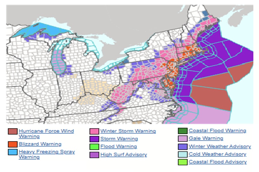 Blizzard Warnings have been issued over an expanded area in the northeast. Image: NWS