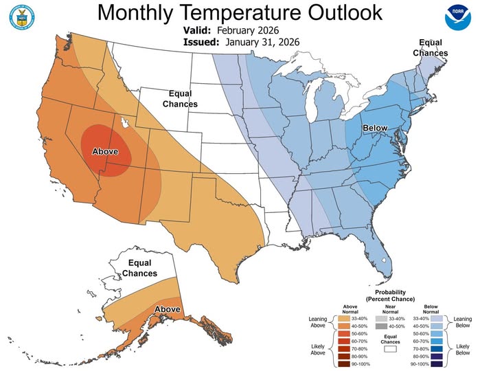 Latest monthly temperature outlook shows below normal temperatures are likely to remain in place over the eastern U.S. while the west remains milder with above normal readings. Image: NOAA CPC