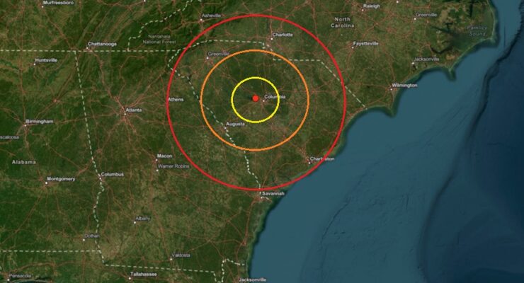 The epicenter of today's earthquake is at the red dot inside the colored concentric circles on the map. Image: USGS