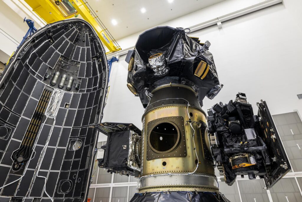 NASA’s IMAP (Interstellar Mapping and Acceleration Probe) spacecraft is being encapsulated at Astrotech Space Operations Facility inside SpaceX’s Falcon 9 payload fairings to protect the spacecraft during launch. Image: SpaceX
