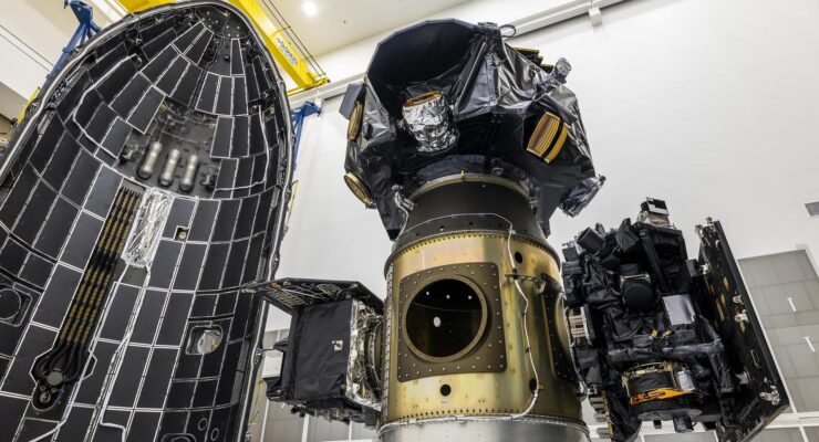 NASA’s IMAP (Interstellar Mapping and Acceleration Probe) spacecraft is being encapsulated at Astrotech Space Operations Facility inside SpaceX’s Falcon 9 payload fairings to protect the spacecraft during launch. Image: SpaceX
