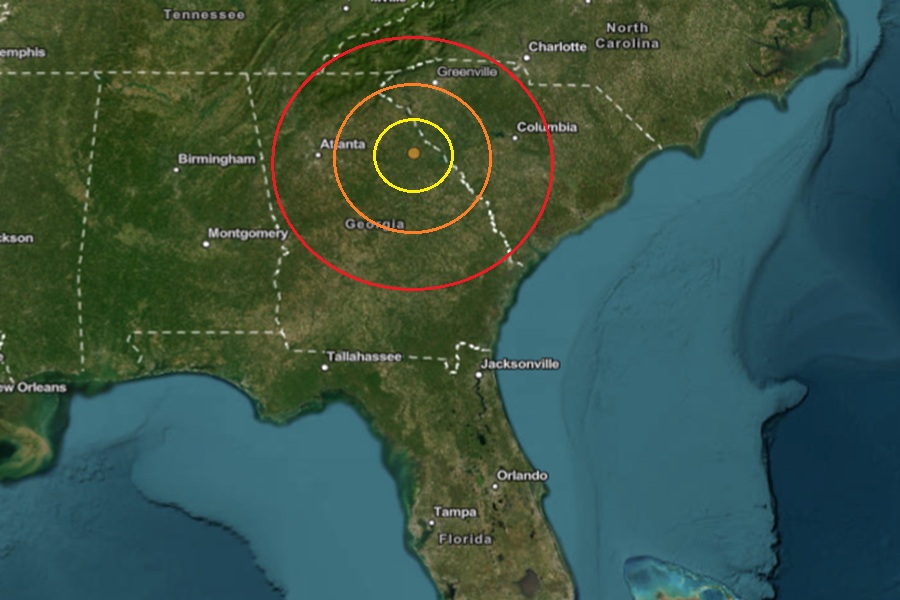 The epicenter of today's earthquake in Georgia was at the orange dot inside the colored concentric circles.  Image: USGS
