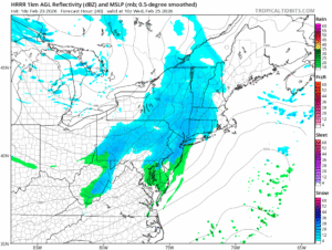 More snow will move through the northeast tomorrow into Wednesday, as depictured by this short-duration/high-resolution computer forecast model, the HRRR. Image: tropicaltidbits.com