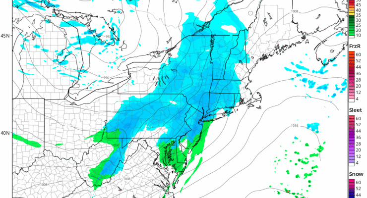 More snow will move through the northeast tomorrow into Wednesday, as depictured by this short-duration/high-resolution computer forecast model, the HRRR. Image: tropicaltidbits.com