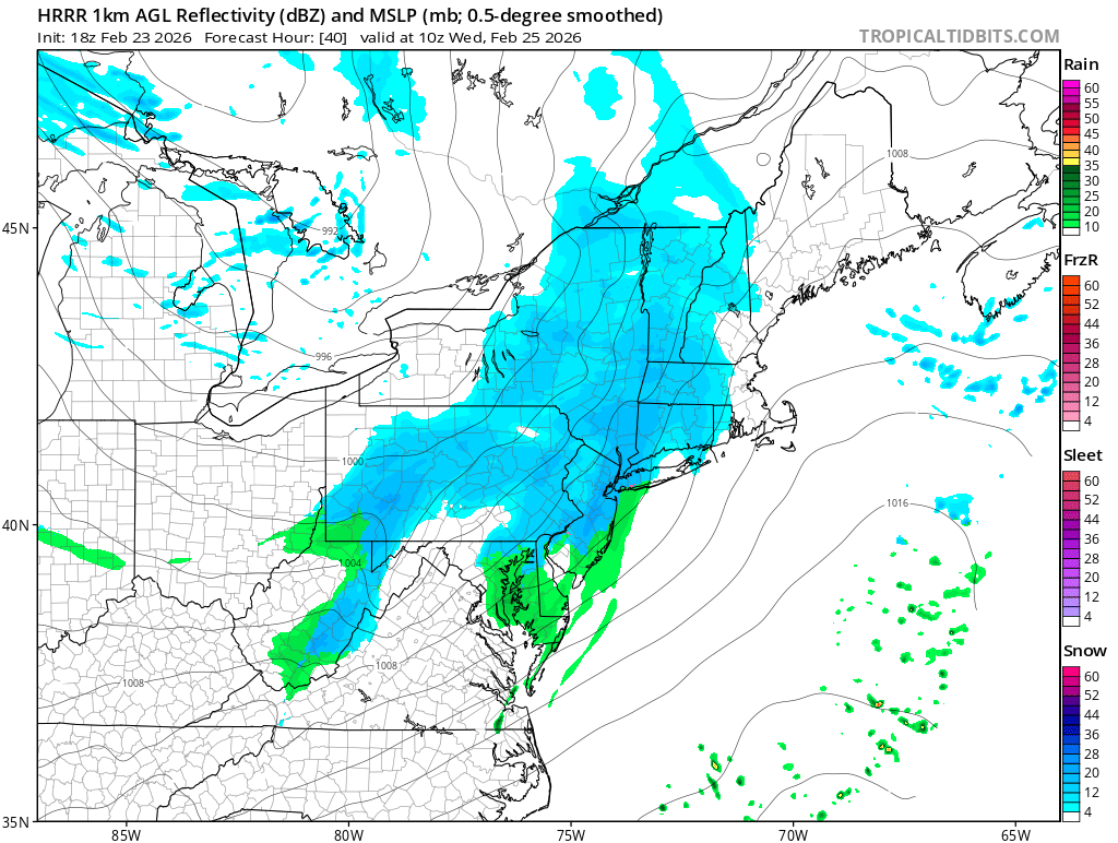 More snow will move through the northeast tomorrow into Wednesday, as depictured by this short-duration/high-resolution computer forecast model, the HRRR. Image: tropicaltidbits.com
