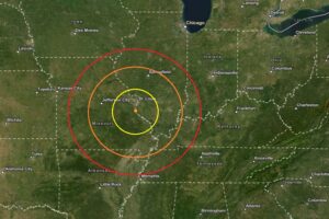 The earthquake struck near the state line at the orange dot inside the colored concentric circles on the map. Image: USGS