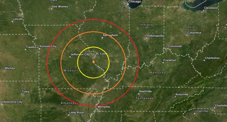 The earthquake struck near the state line at the orange dot inside the colored concentric circles on the map. Image: USGS