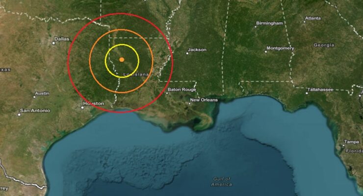 The epicenter of today's earthquake was at the orange dot inside the colored concentric circles. Image: USGS