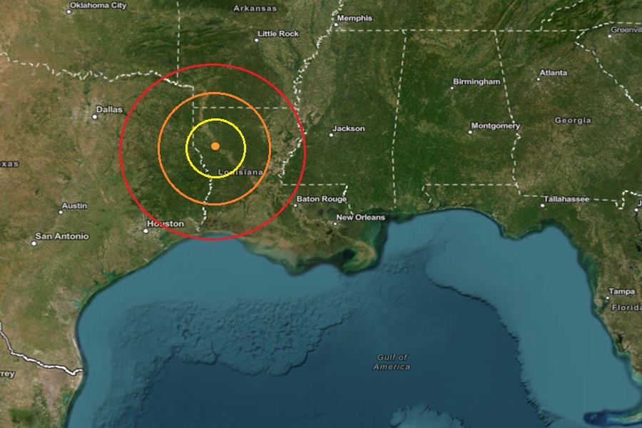 The epicenter of today's earthquake was at the orange dot inside the colored concentric circles. Image: USGS