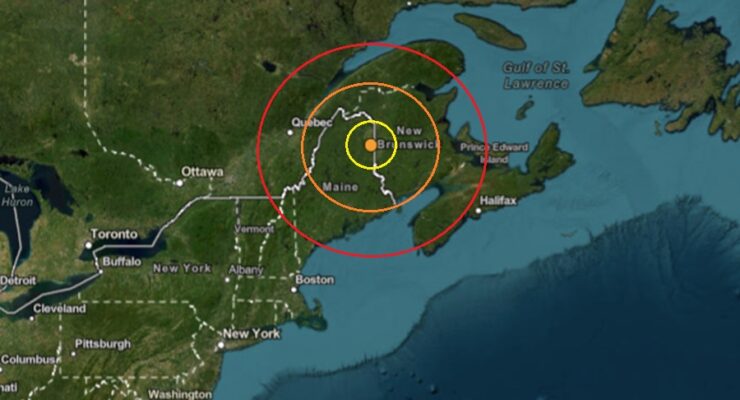 The epicenter of today's earthquake was at the orange dot within the concentric colored circles. Image: USGS