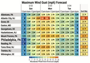 Severe wind gusts are possible from the blizzard, with the highest gusts expected along the shore.  Image: NWS
