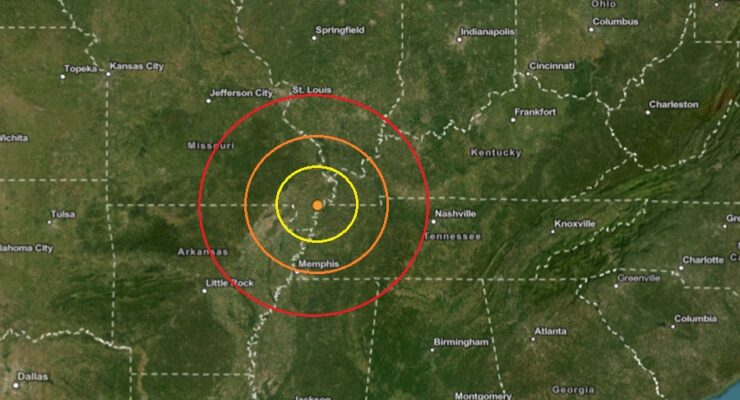 Today's earthquake's epicenter is at the orange dot inside the colored concentric circles on this map. Image: USGS