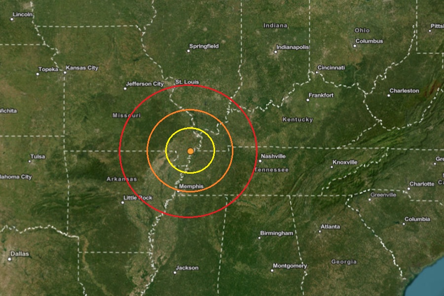 Today's earthquake's epicenter is at the orange dot inside the colored concentric circles on this map. Image: USGS