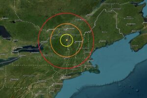The epicenter of tonight's earthquake was at the star inside the colored concentric circles. Image: USGS