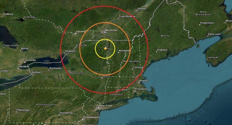 The epicenter of tonight's earthquake was at the star inside the colored concentric circles. Image: USGS