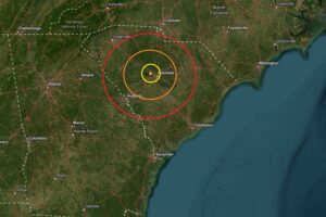 The earthquake's epicenter is located at the star inside the colored concentric circles on this map. Image: USGS