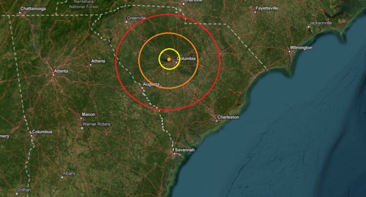 The earthquake's epicenter is located at the star inside the colored concentric circles on this map. Image: USGS