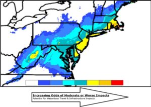 The National Weather Service continues to increase odds of how impactful this upcoming winter storm will be for the northeast; those in the yellow and orange areas could be hit hardest. Image: NWS