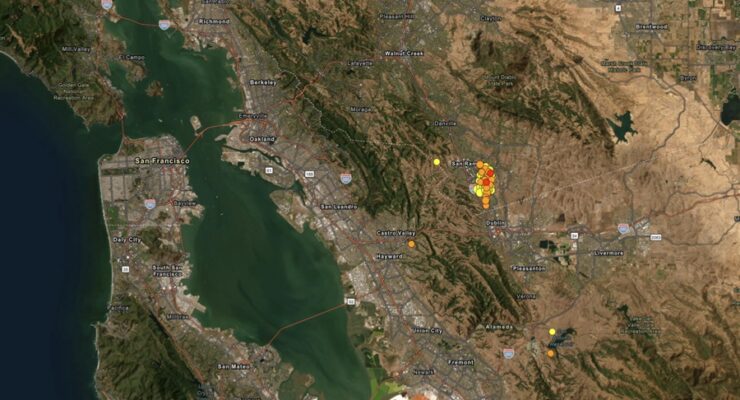 Every dot on this map reflects the epicenter of an earthquake in recent days, with orange dots representing newer quakes and yellow dots representing older ones. Image: USGS